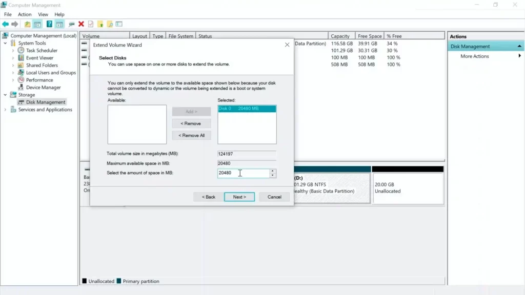 how to extend widnows disk partition size in windows pc